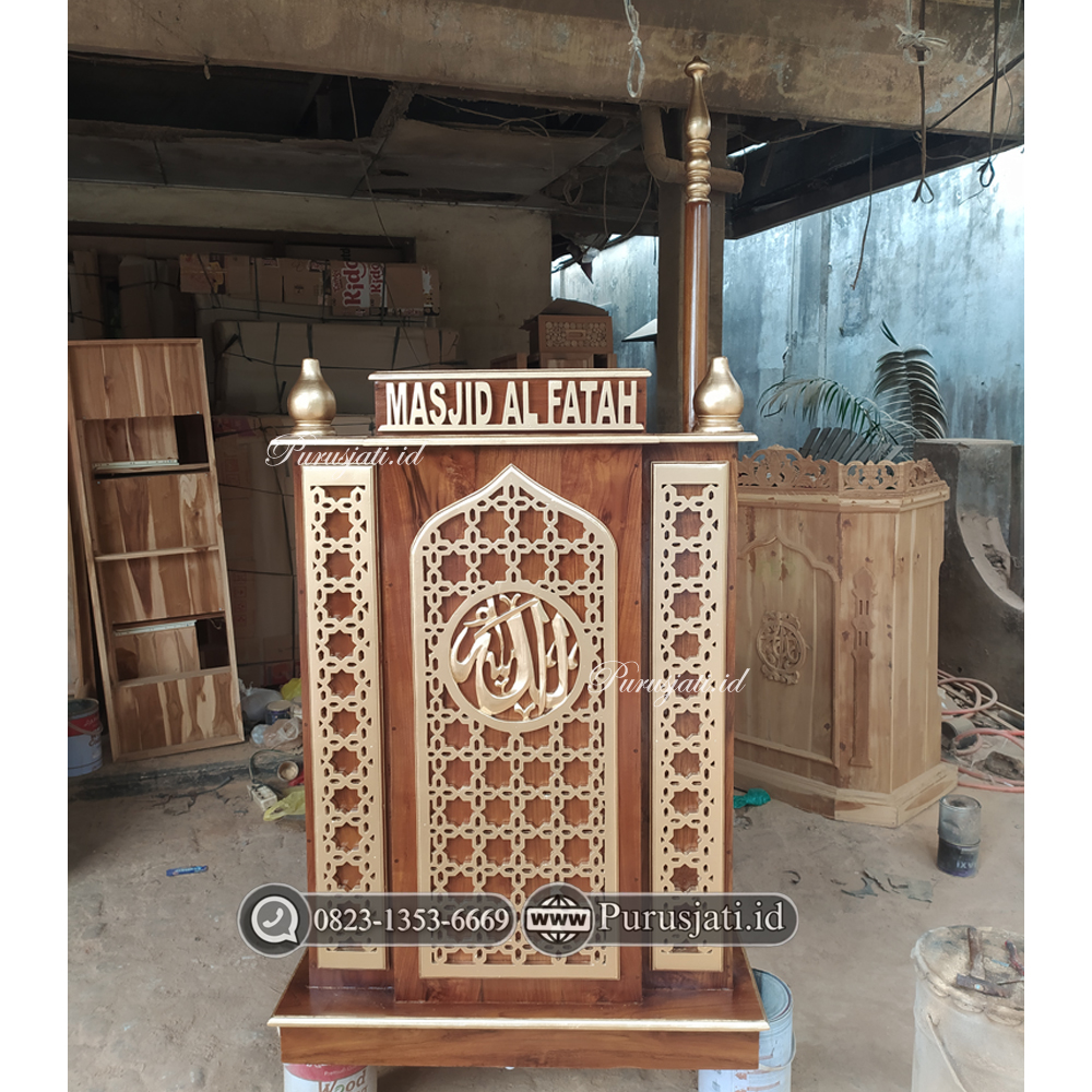 Mimbar Podium Masjid Al Fatah Plus Kursi Bangku Model Minimalis Kayu Jati
